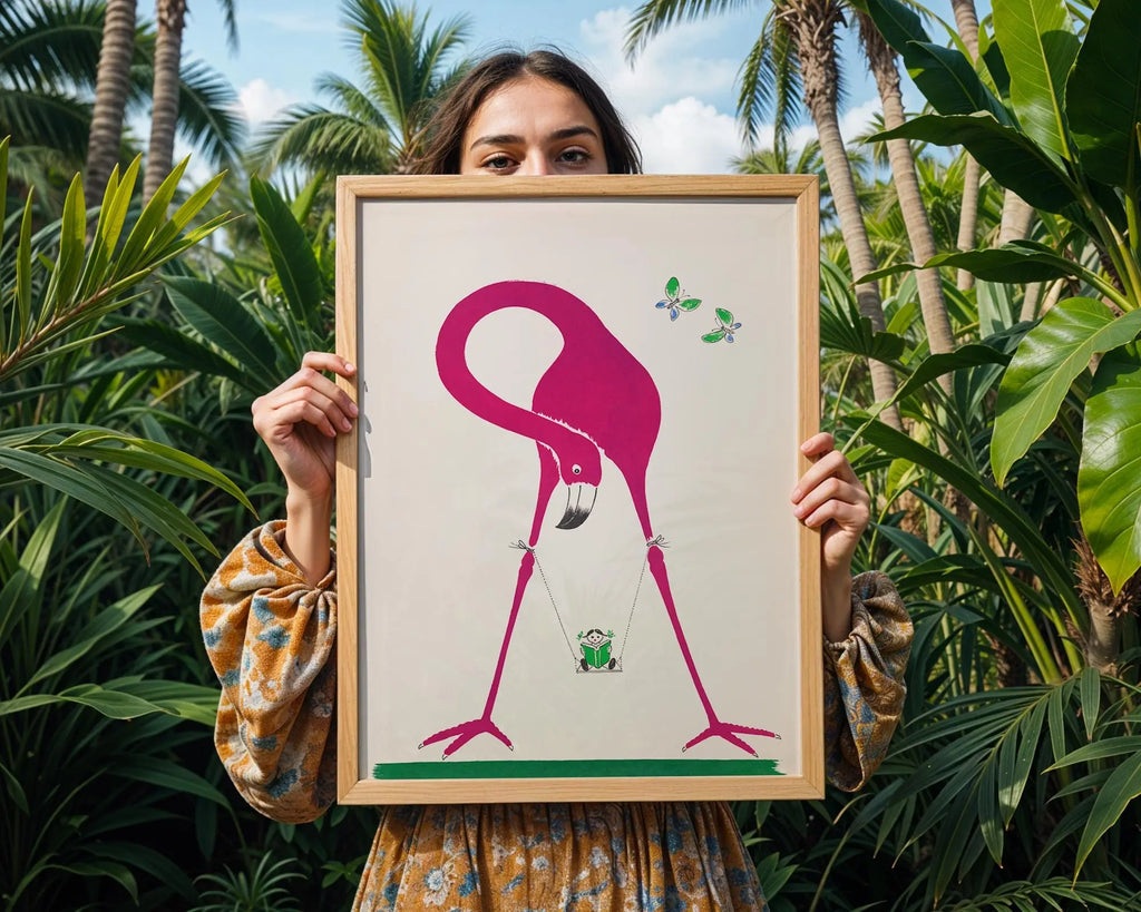 Flamingo & Panda Art Print | Whimsical Nursery Decor wall art print, modern home decor, unframed artwork by Nomad & Nest