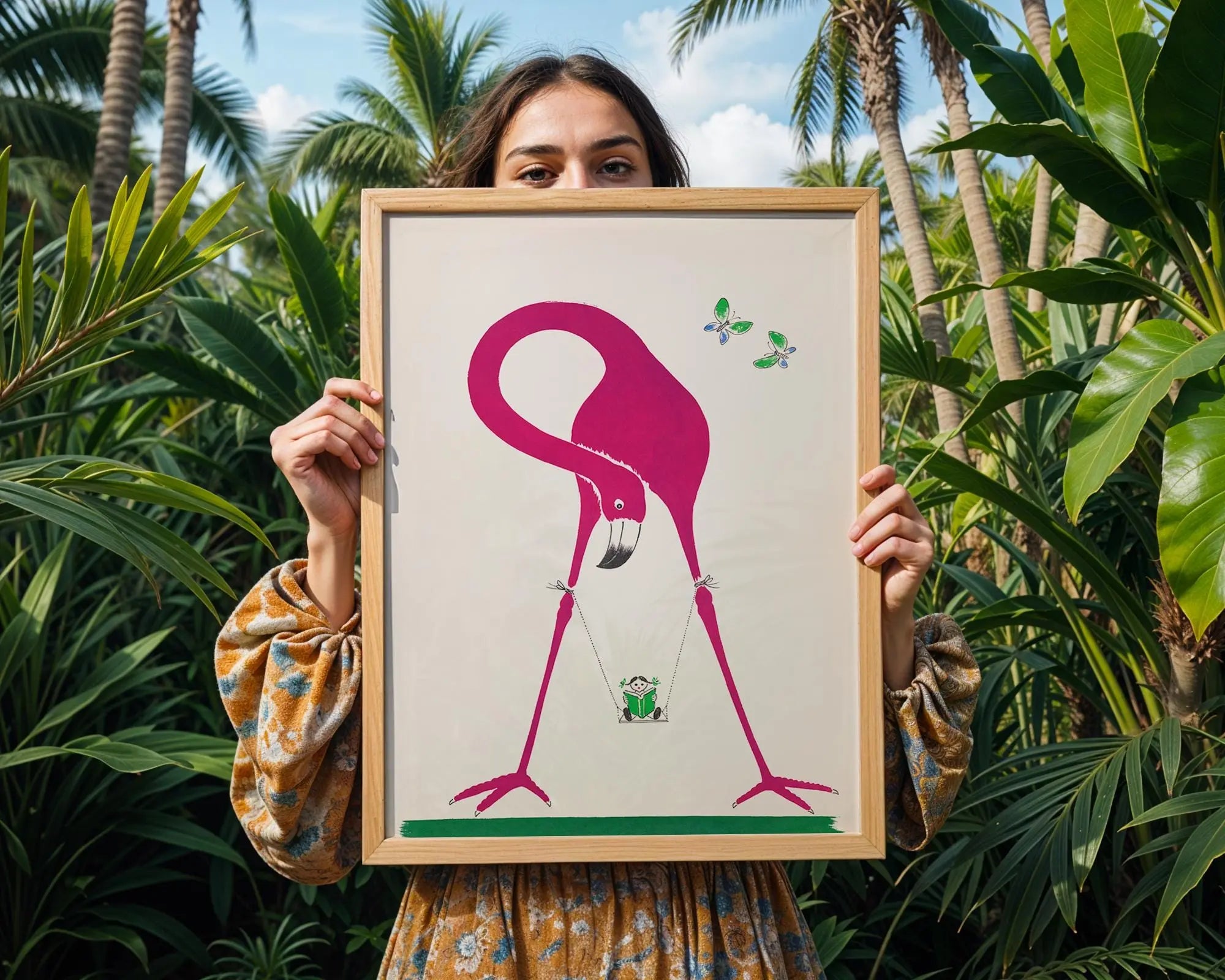 Flamingo & Panda Art Print | Whimsical Nursery Decor wall art print, modern home decor, unframed artwork by Nomad & Nest