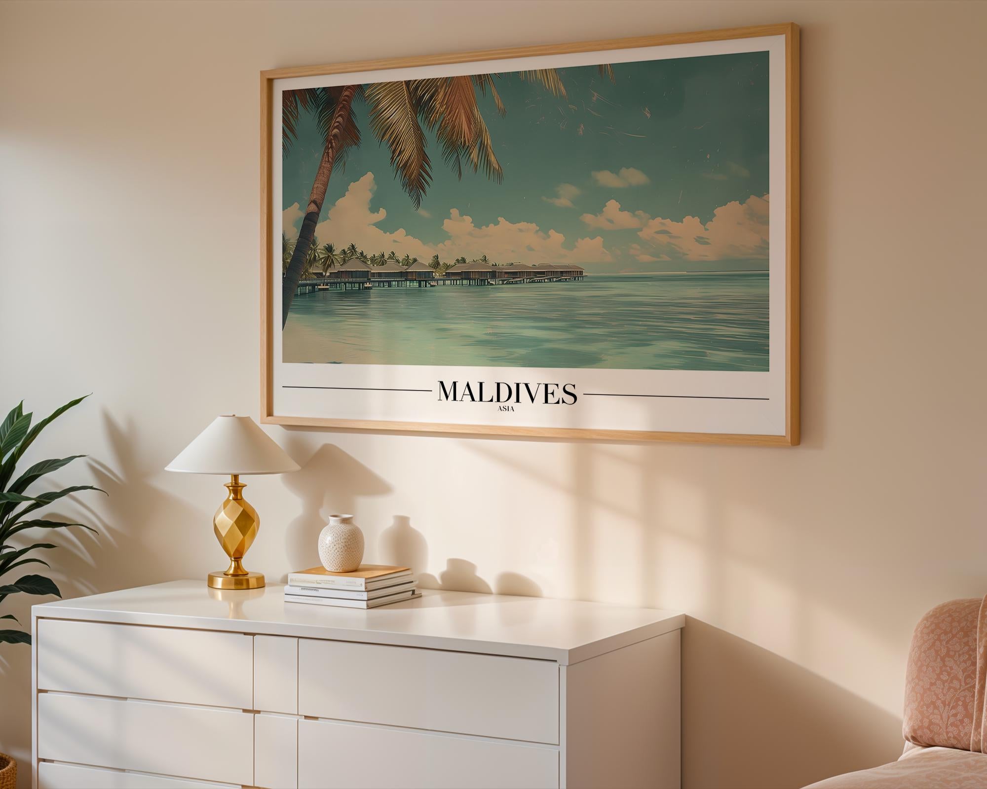 Maldives Paradise Print | Tropical Palm Tree Beach Poster wall art print, modern home decor, unframed artwork by Nomad & Nest