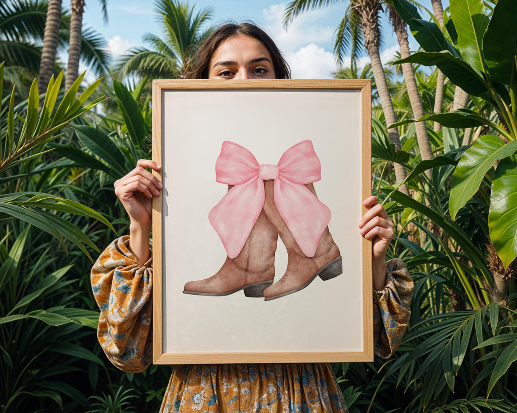 Watercolor Cowboy Boots Print | Pink Bow, Girly Western Decor wall art print, modern home decor, unframed artwork by Nomad & Nest