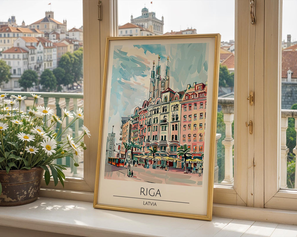 Riga Latvia Travel Poster | Colorful Old Town Architecture Print wall art print, modern home decor, unframed artwork by Nomad & Nest