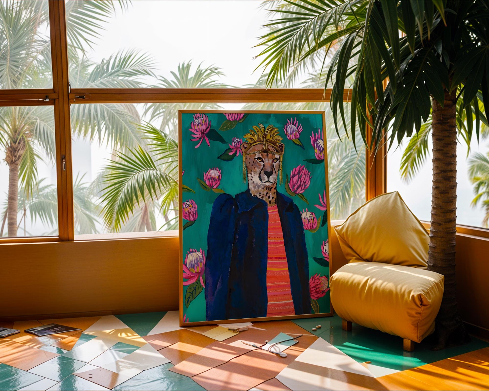 Cheetah Portrait Art Print | Maximalist Animal, Tropical Flowers wall art print, modern home decor, unframed artwork by Nomad & Nest