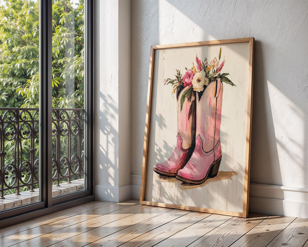 Pink Cowboy Boots with Flowers Print | Floral Western Wall Art wall art print, modern home decor, unframed artwork by Nomad & Nest