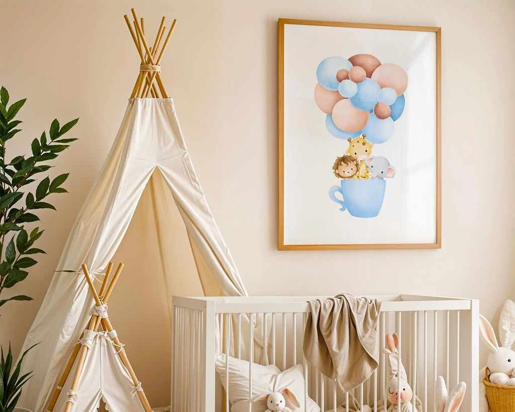 Safari Animal Balloon Cup Nursery Print | Playroom Wall Art wall art print, modern home decor, unframed artwork by Nomad & Nest