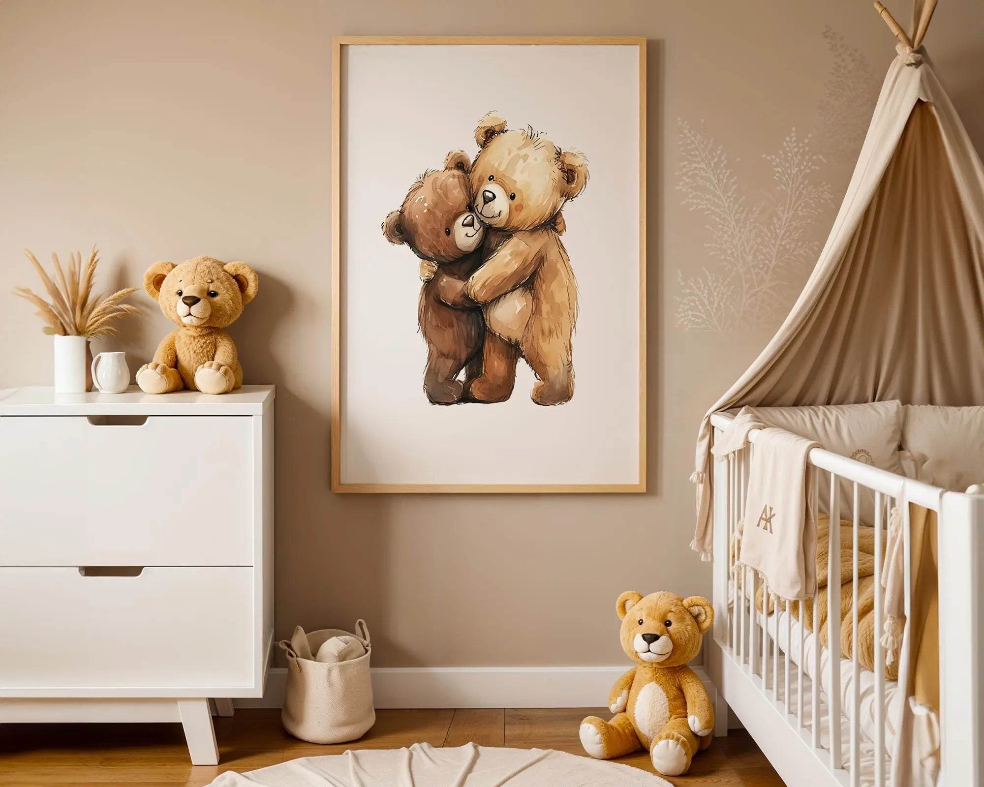 Playroom Ideas | Teddy Bear Hug Nursery Wall Art | Woodland Baby Illustration wall art print, modern home decor, unframed artwork by Nomad & Nest