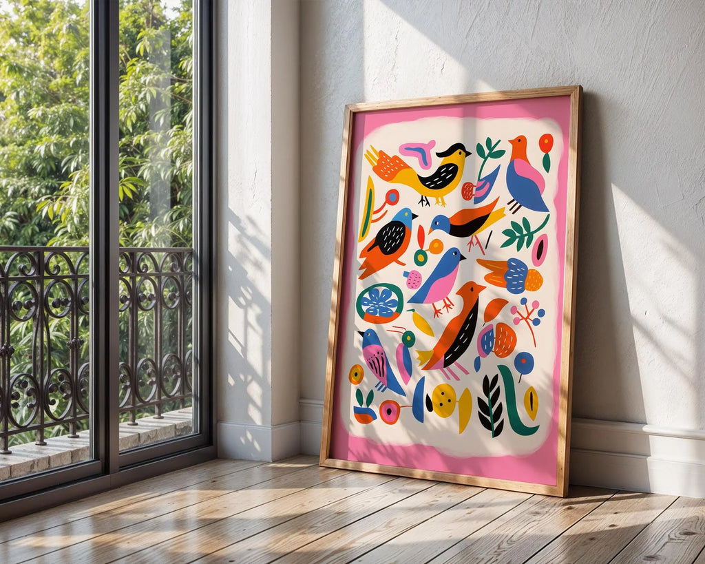Colorful Birds Art Print | Modern Scandinavian Folk Poster wall art print, modern home decor, unframed artwork by Nomad & Nest