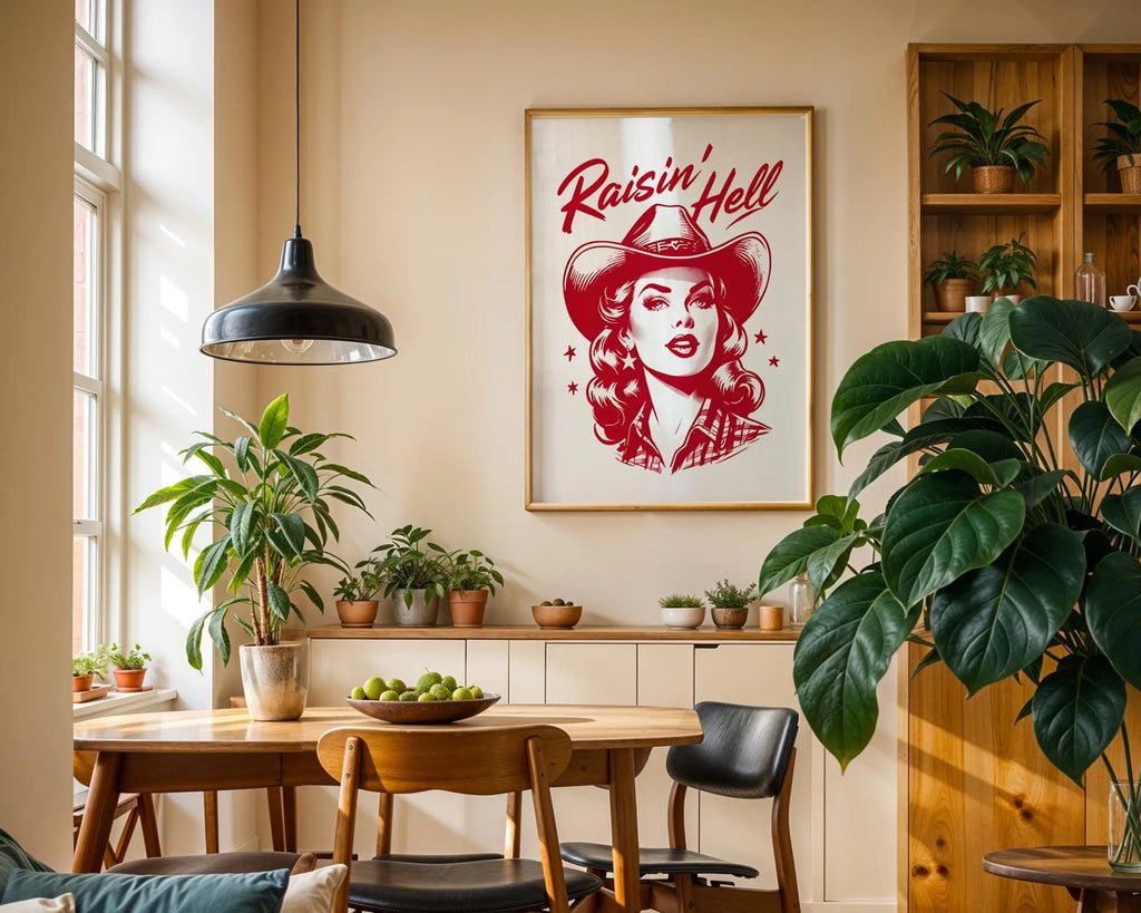 Positive Emotion | Raisin’ Hell Cowgirl Retro Art Print | Western Pin Up Cowgirl Wall Art wall art print, modern home decor, unframed artwork by Nomad & Nest