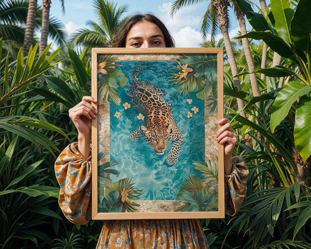 Colourful Prints | Leopard Swimming Pool Art Print | Tropical Jungle Decor wall art print, modern home decor, unframed artwork by Nomad & Nest