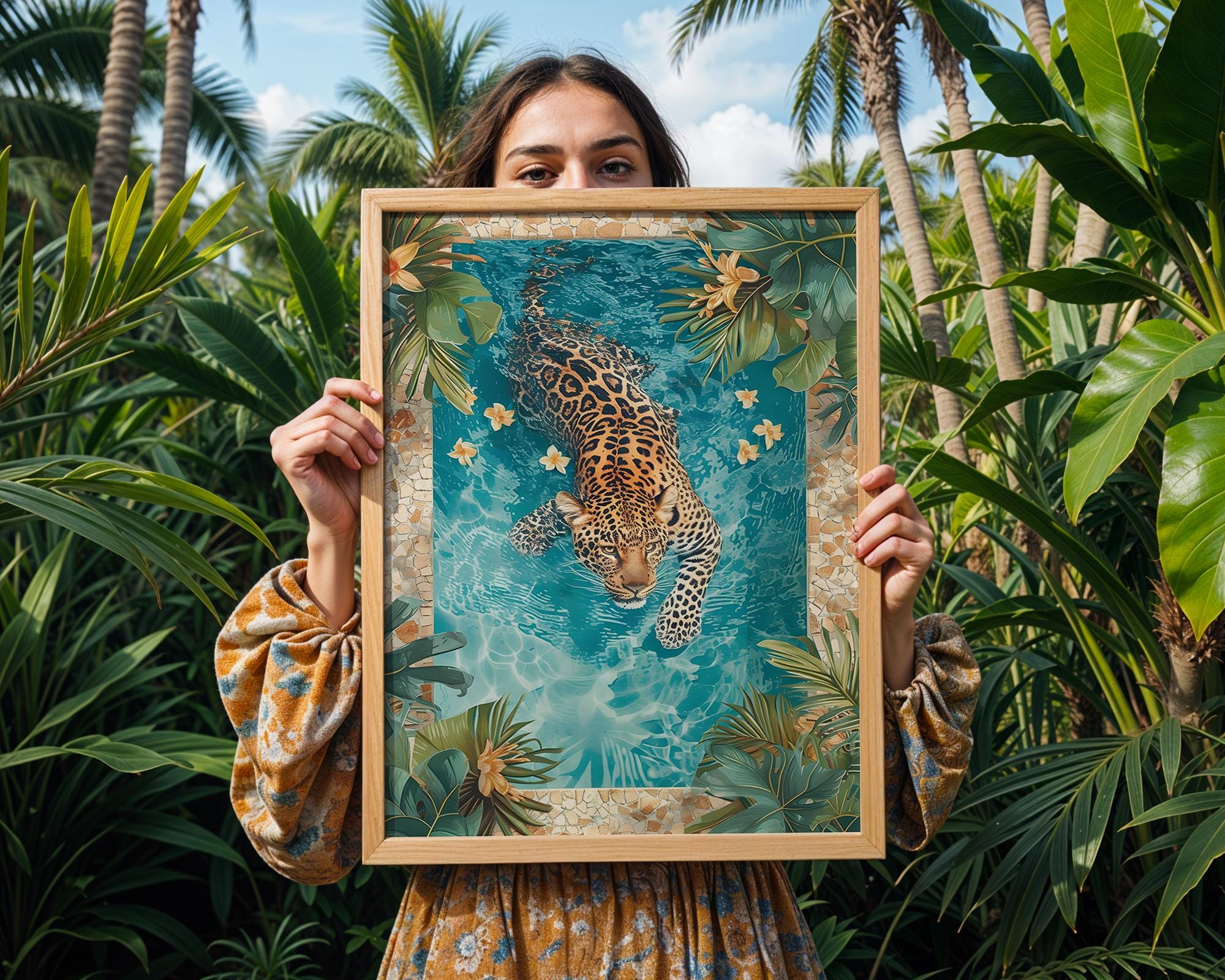Colourful Prints | Leopard Swimming Pool Art Print | Tropical Jungle Decor wall art print, modern home decor, unframed artwork by Nomad & Nest