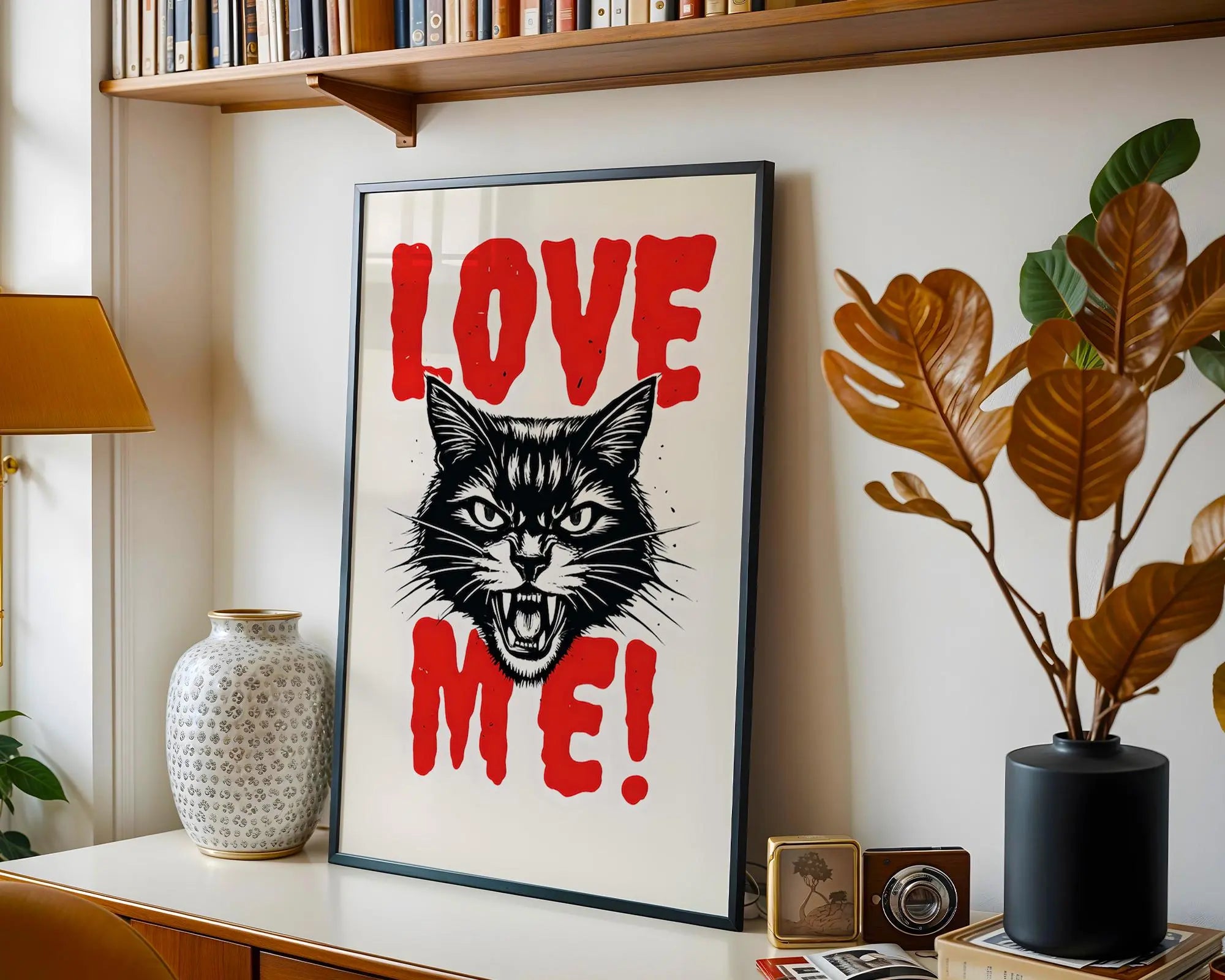 Positive Emotion | Love Me Cat Wall Art | Fierce Feline Illustration | Bold Funny Animal Poster wall art print, modern home decor, unframed artwork by Nomad & Nest