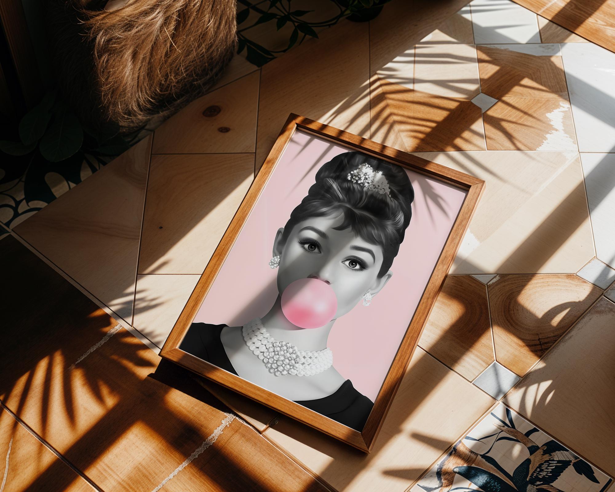 Modern Pop Art | Audrey Hepburn Bubblegum  Print | Elegant Hollywood Poster wall art print, modern home decor, unframed artwork by Nomad & Nest