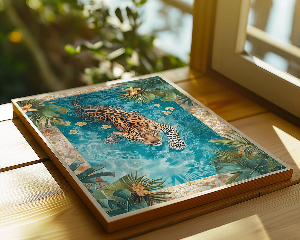 Colourful Prints | Leopard Swimming Pool Art Print | Tropical Jungle Decor wall art print, modern home decor, unframed artwork by Nomad & Nest