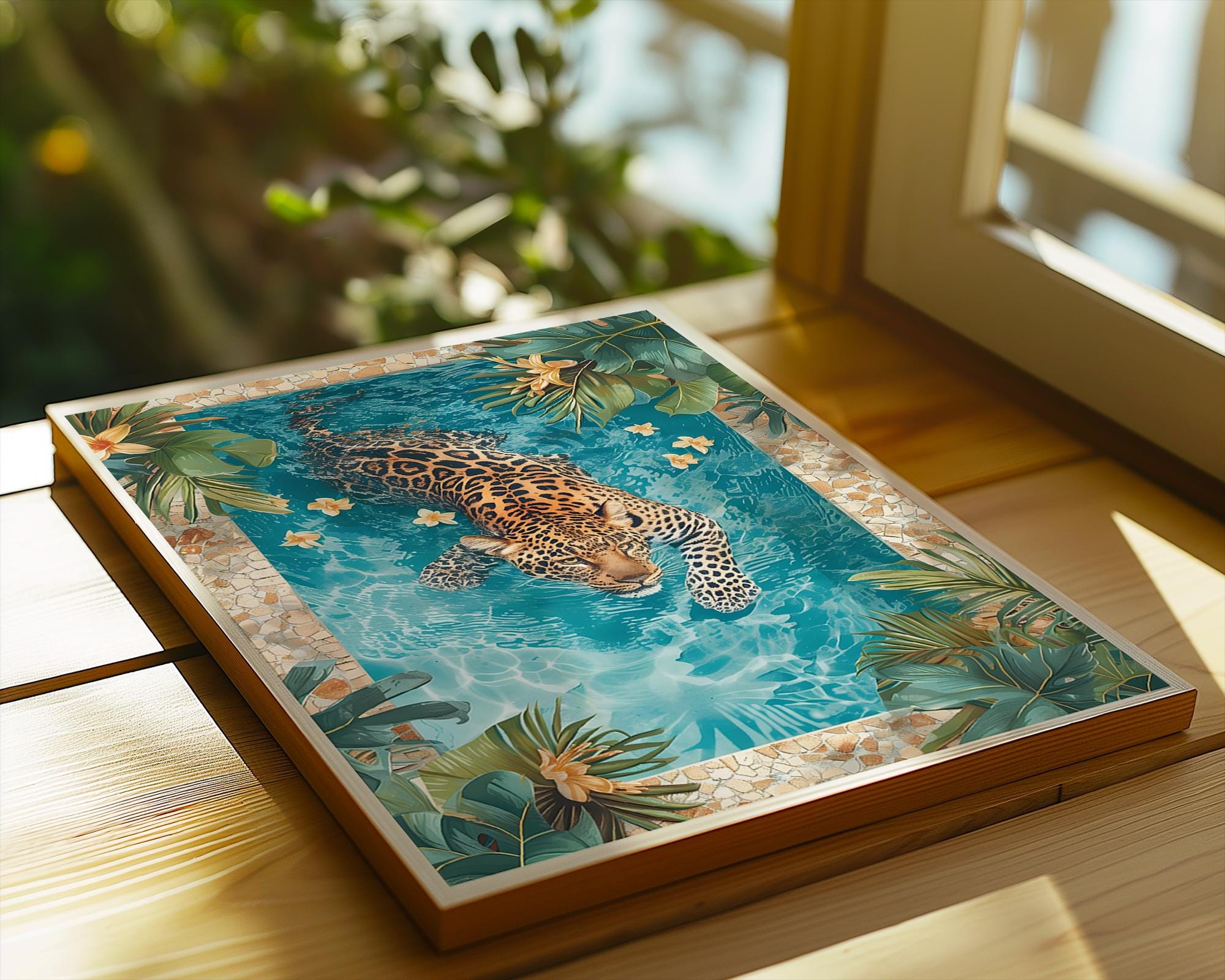 Colourful Prints | Leopard Swimming Pool Art Print | Tropical Jungle Decor wall art print, modern home decor, unframed artwork by Nomad & Nest