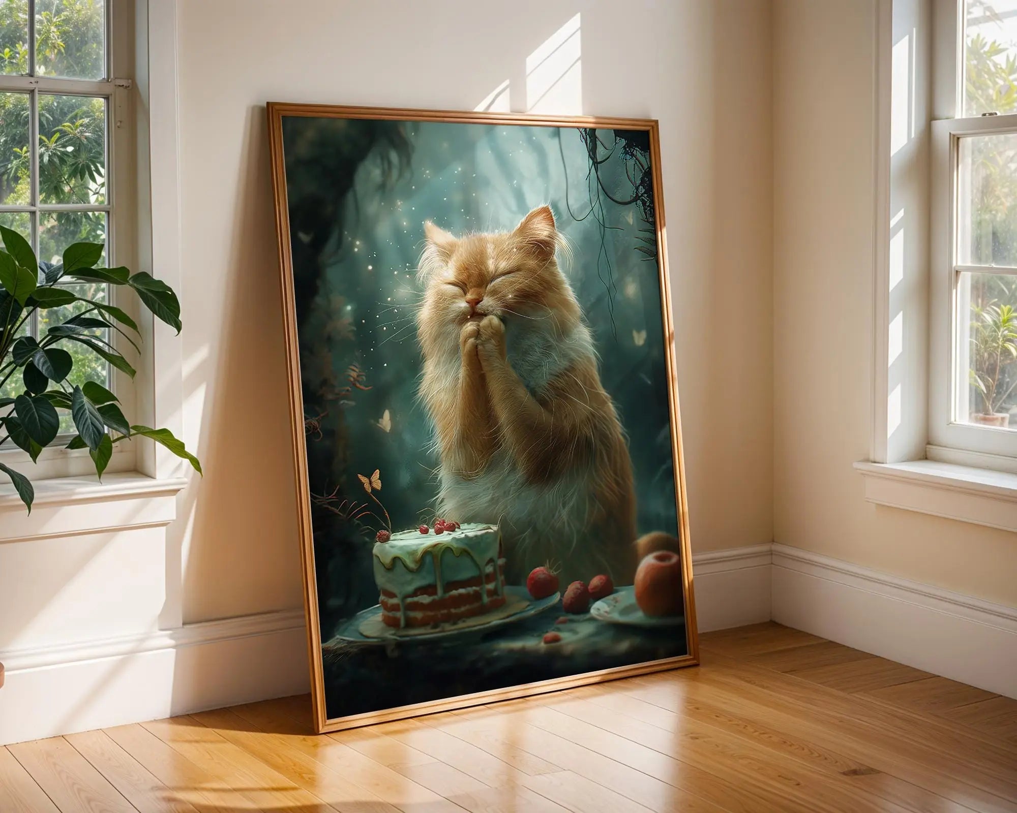 Whimsical Orange Cat Praying to Cake Art Print | Cottagecore Kitchen Decor wall art print, modern home decor, unframed artwork by Nomad & Nest