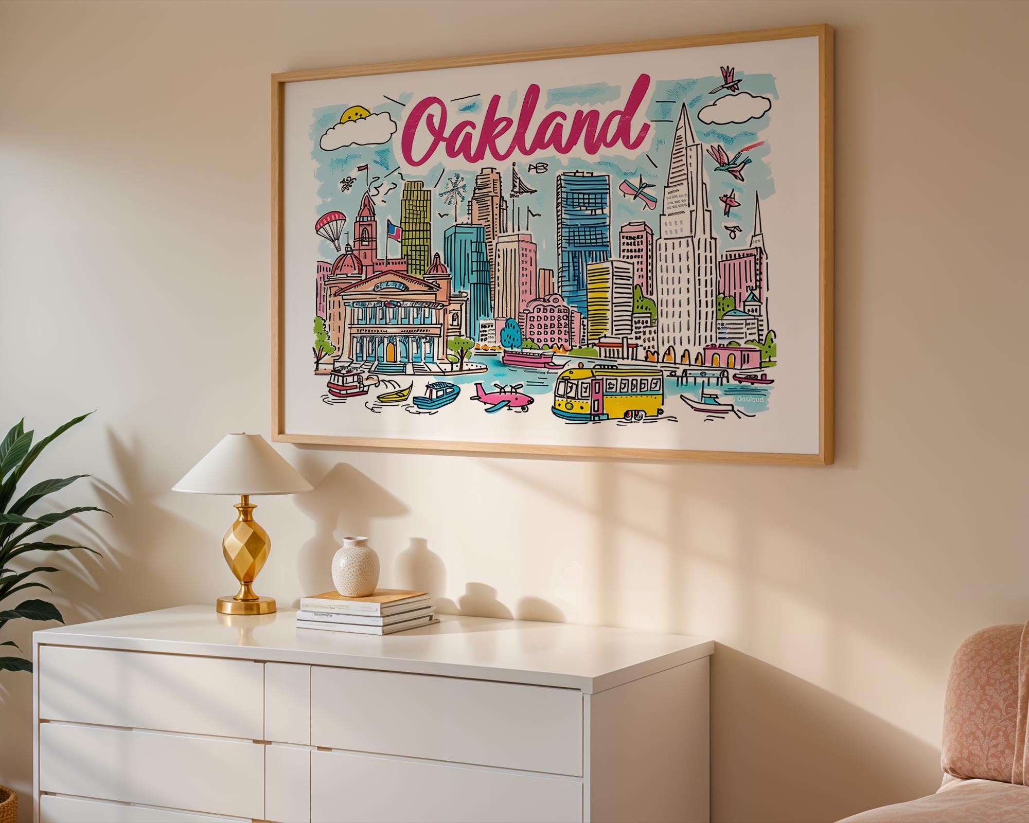 Oakland California Art Print | Colorful Cityscape Travel Poster wall art print, modern home decor, unframed artwork by Nomad & Nest