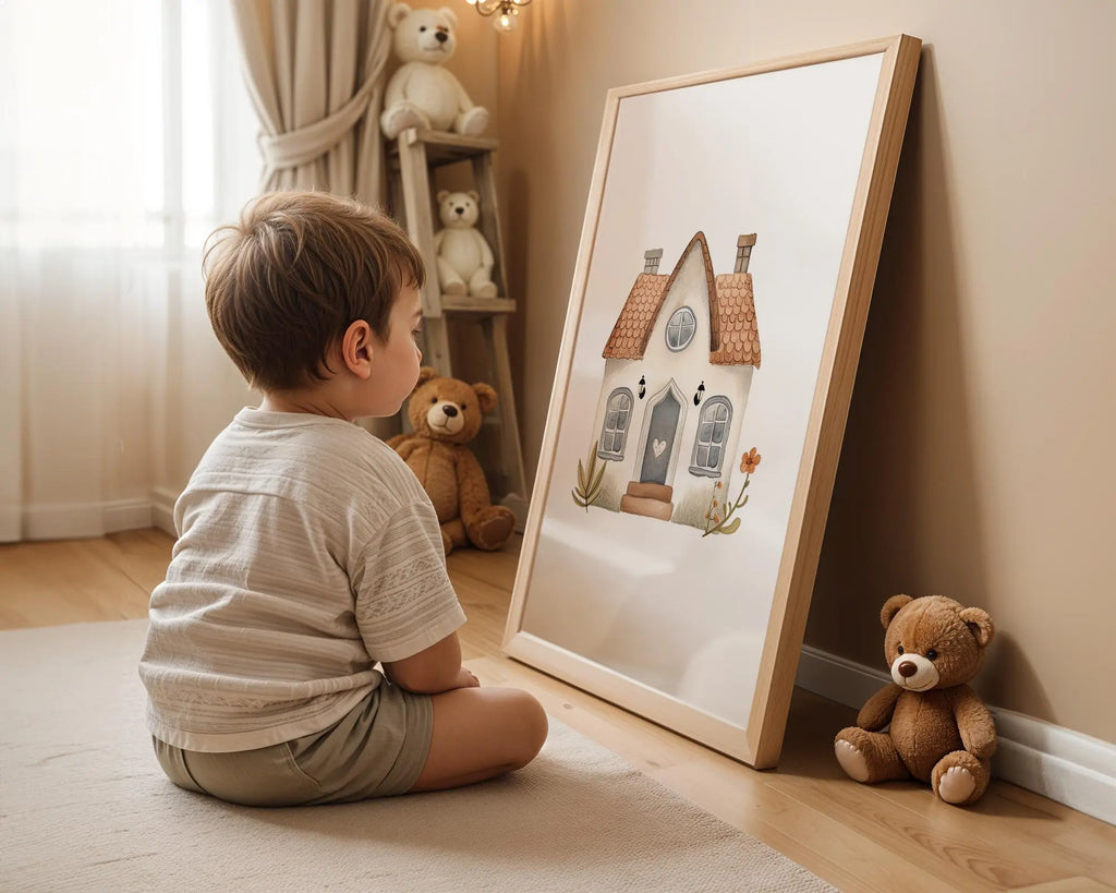 Playroom Ideas | Storybook House Nursery Wall Art Cottage Baby Print wall art print, modern home decor, unframed artwork by Nomad & Nest