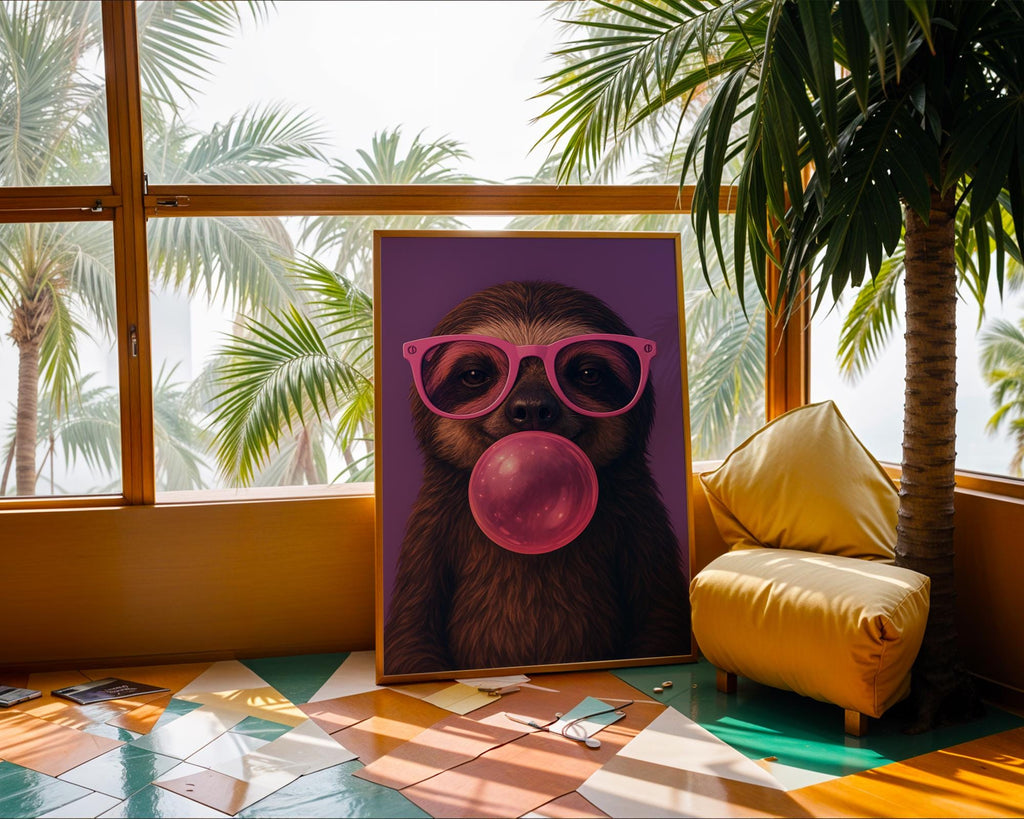 Colourful Prints | Sloth Bubblegum Print | Pink Glasses, Funky Animal Wall Art wall art print, modern home decor, unframed artwork by Nomad & Nest