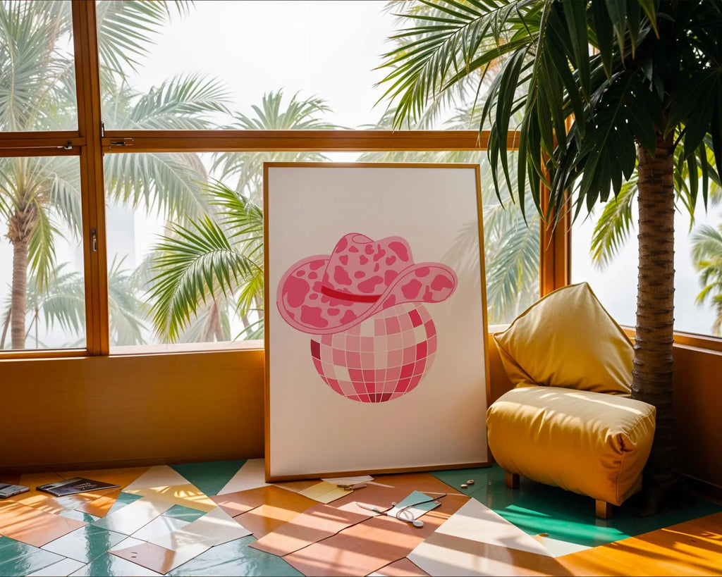 Pink Disco Ball Cowboy Hat Print | Retro Cowgirl Wall Art wall art print, modern home decor, unframed artwork by Nomad & Nest