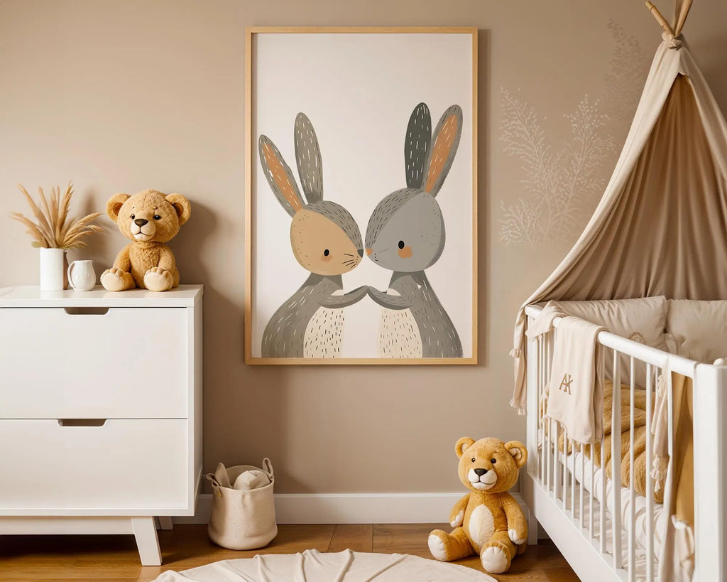 Playroom Ideas | Bunny Friends Nursery Wall Art | Boho Woodland Baby Print wall art print, modern home decor, unframed artwork by Nomad & Nest