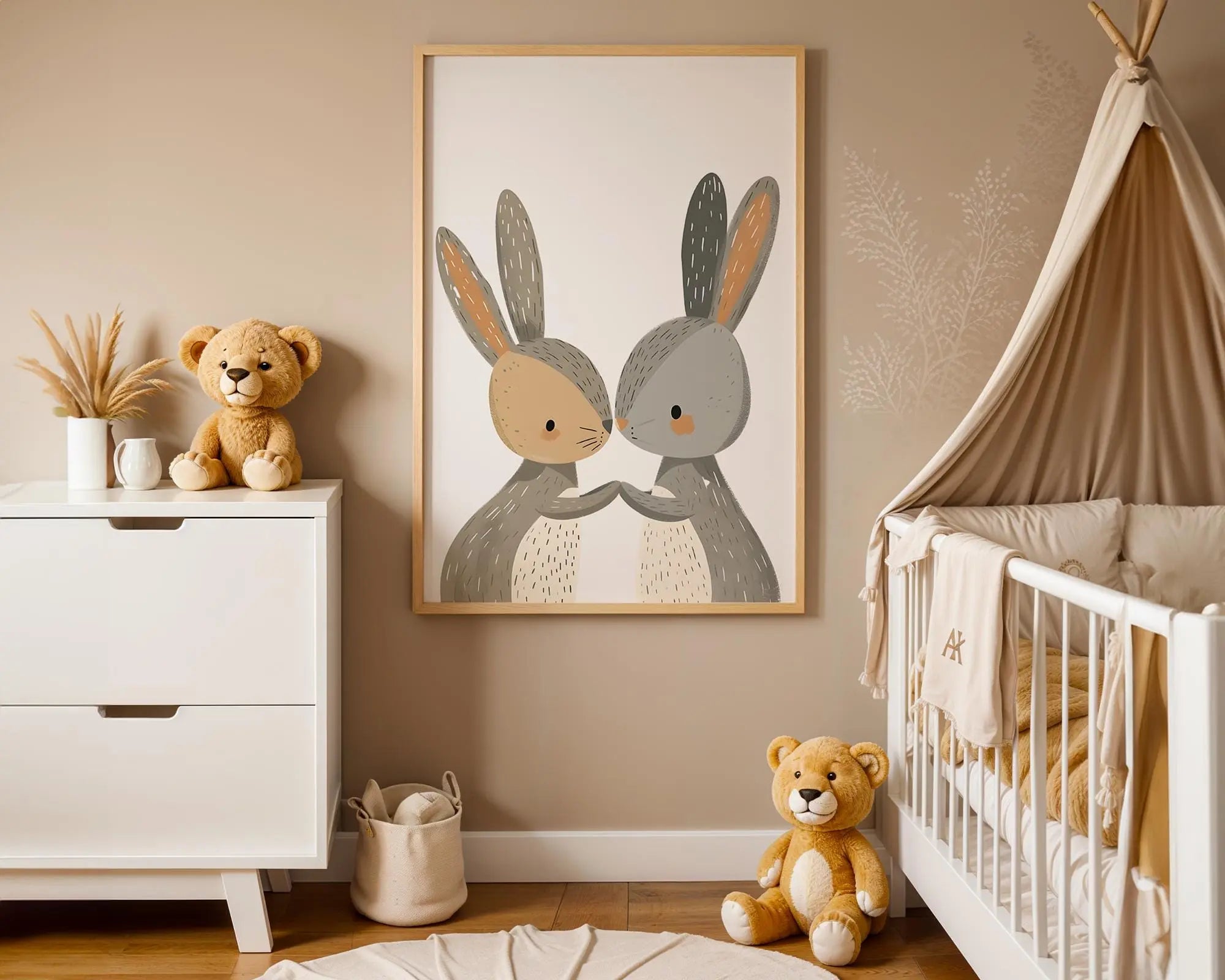 Playroom Ideas | Bunny Friends Nursery Wall Art | Boho Woodland Baby Print wall art print, modern home decor, unframed artwork by Nomad & Nest