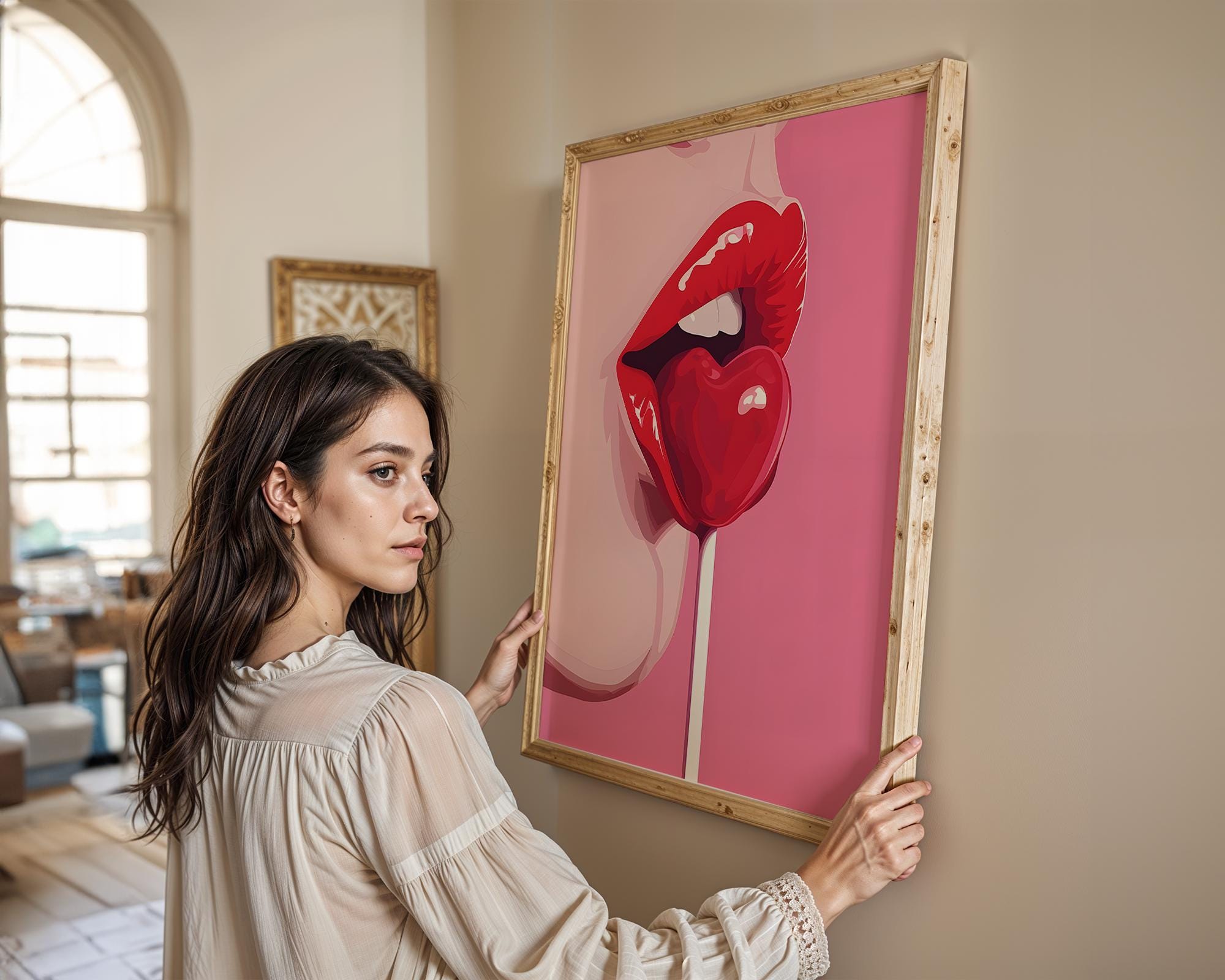 Modern Pop Art | Sexy Lips with Heart Lollipop Print | Bold Red and Pink Decor wall art print, modern home decor, unframed artwork by Nomad & Nest