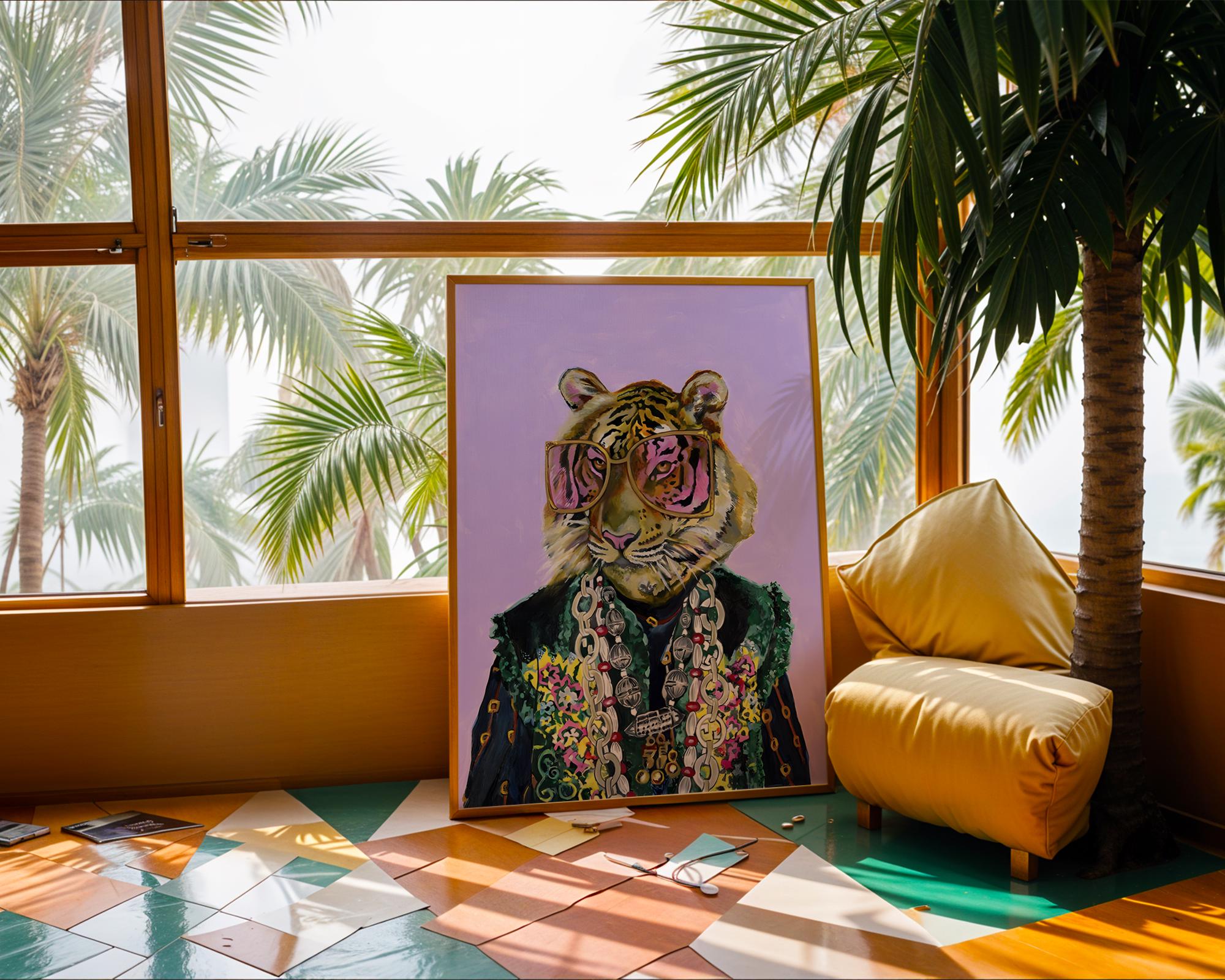Tiger with Sunglasses Art Print | Colorful Maximalist Animal Poster wall art print, modern home decor, unframed artwork by Nomad & Nest
