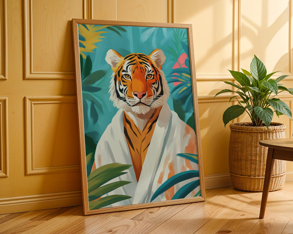 Tropical Tiger Print | Quirky Animal Robe Art wall art print, modern home decor, unframed artwork by Nomad & Nest