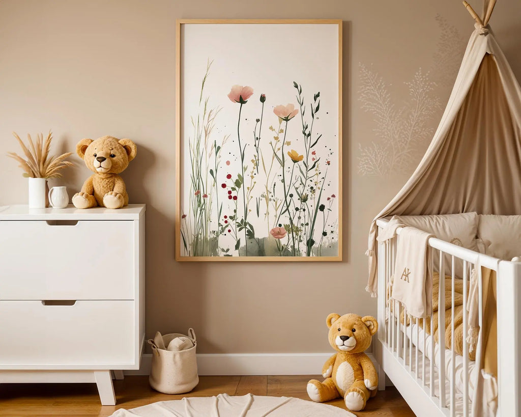Playroom Ideas | Soft Field Flowers Nursery Art | Minimal Botanical Baby Decor wall art print, modern home decor, unframed artwork by Nomad & Nest