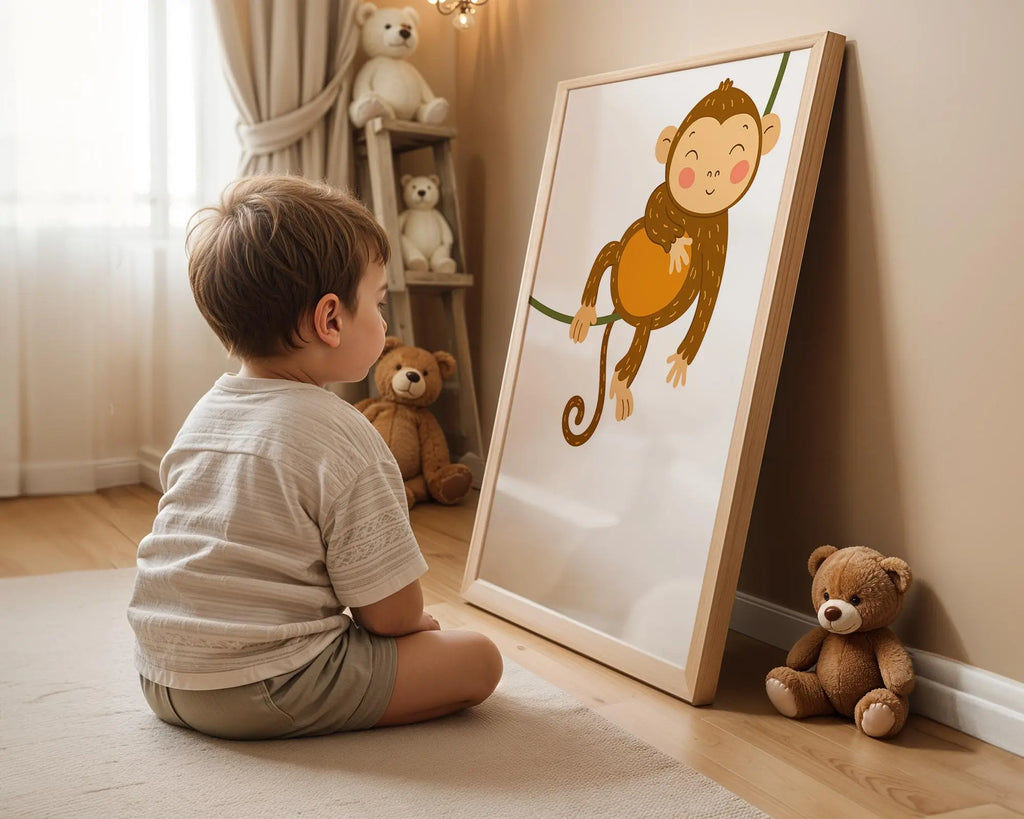 Playroom Ideas | Swinging Monkey Nursery Wall Art | Playful Jungle Decor wall art print, modern home decor, unframed artwork by Nomad & Nest