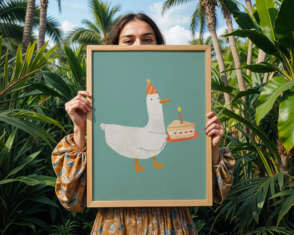 Goose Birthday Cake Print | Whimsical Animal Kids Room Art wall art print, modern home decor, unframed artwork by Nomad & Nest