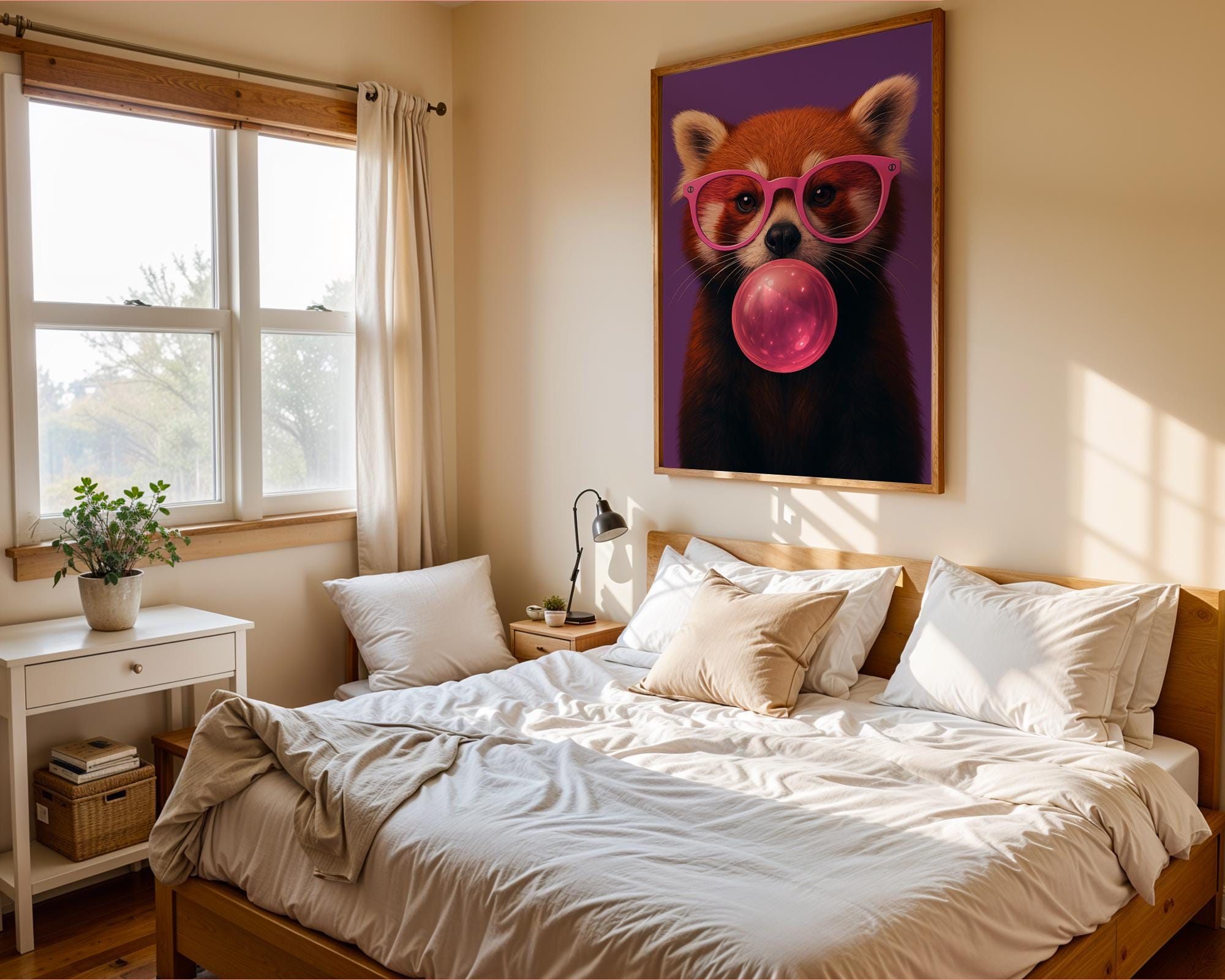 Colourful Prints | Red Panda Bubblegum Print | Funky Animal Wall Art wall art print, modern home decor, unframed artwork by Nomad & Nest