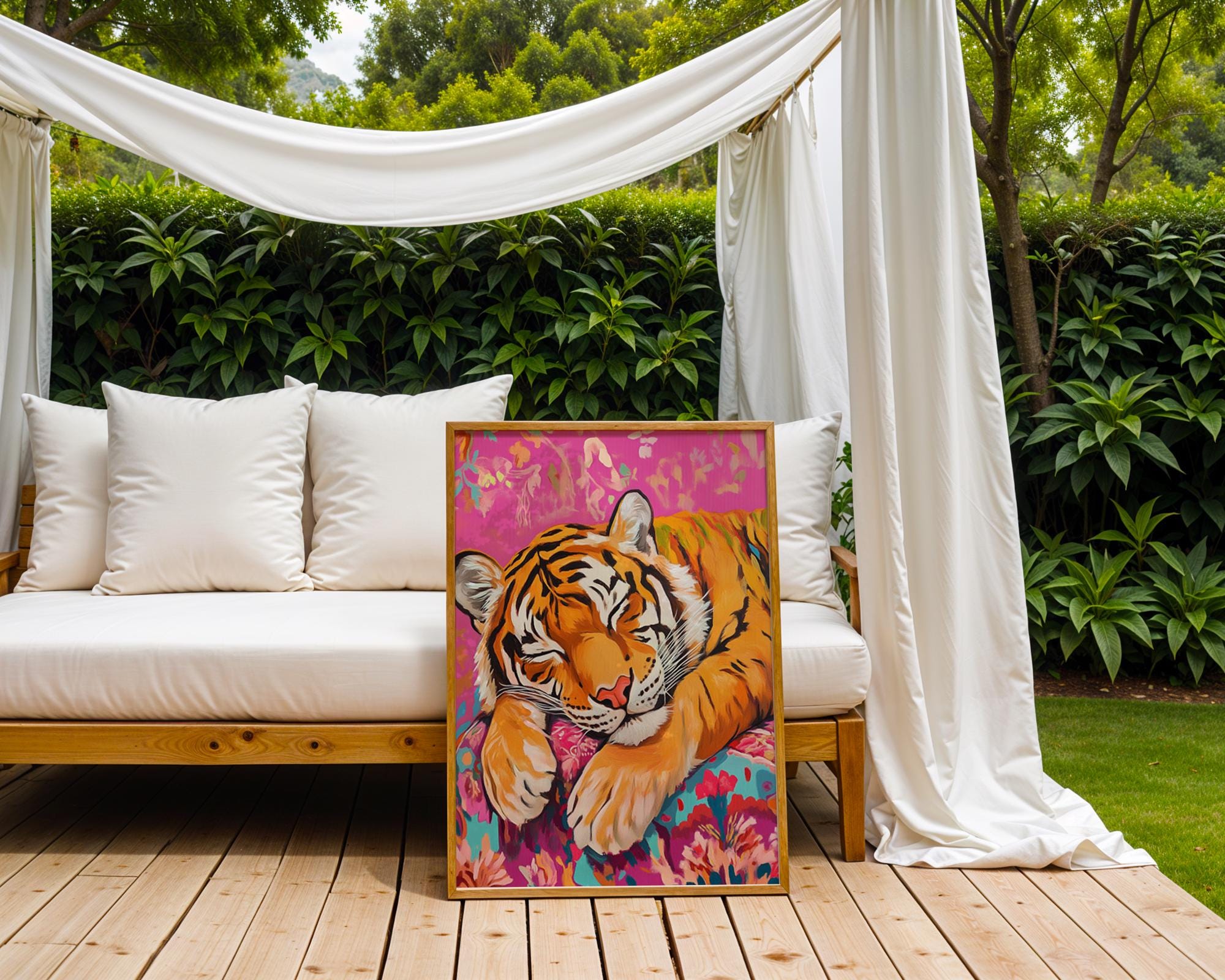 Sleeping Tiger Art Print | Pink Floral Cushion, Whimsical Jungle Decor wall art print, modern home decor, unframed artwork by Nomad & Nest