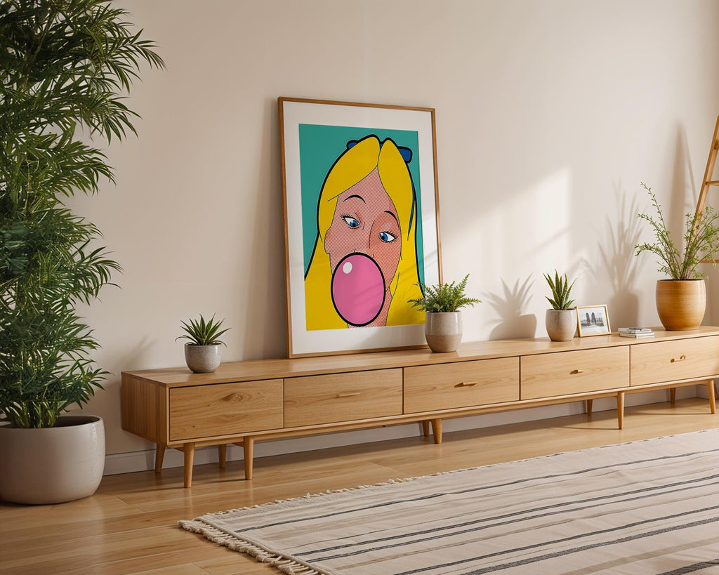 Modern Pop Art | Blonde Girl Bubblegum Print | Retro Comic Book Style Poster wall art print, modern home decor, unframed artwork by Nomad & Nest