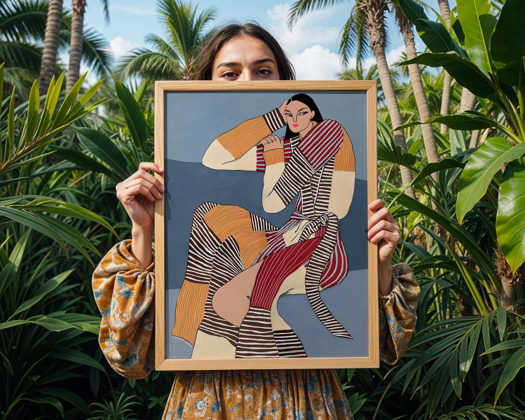 Modern Woman Fashion Illustration Art Print | Striped Outfit Portrait wall art print, modern home decor, unframed artwork by Nomad & Nest