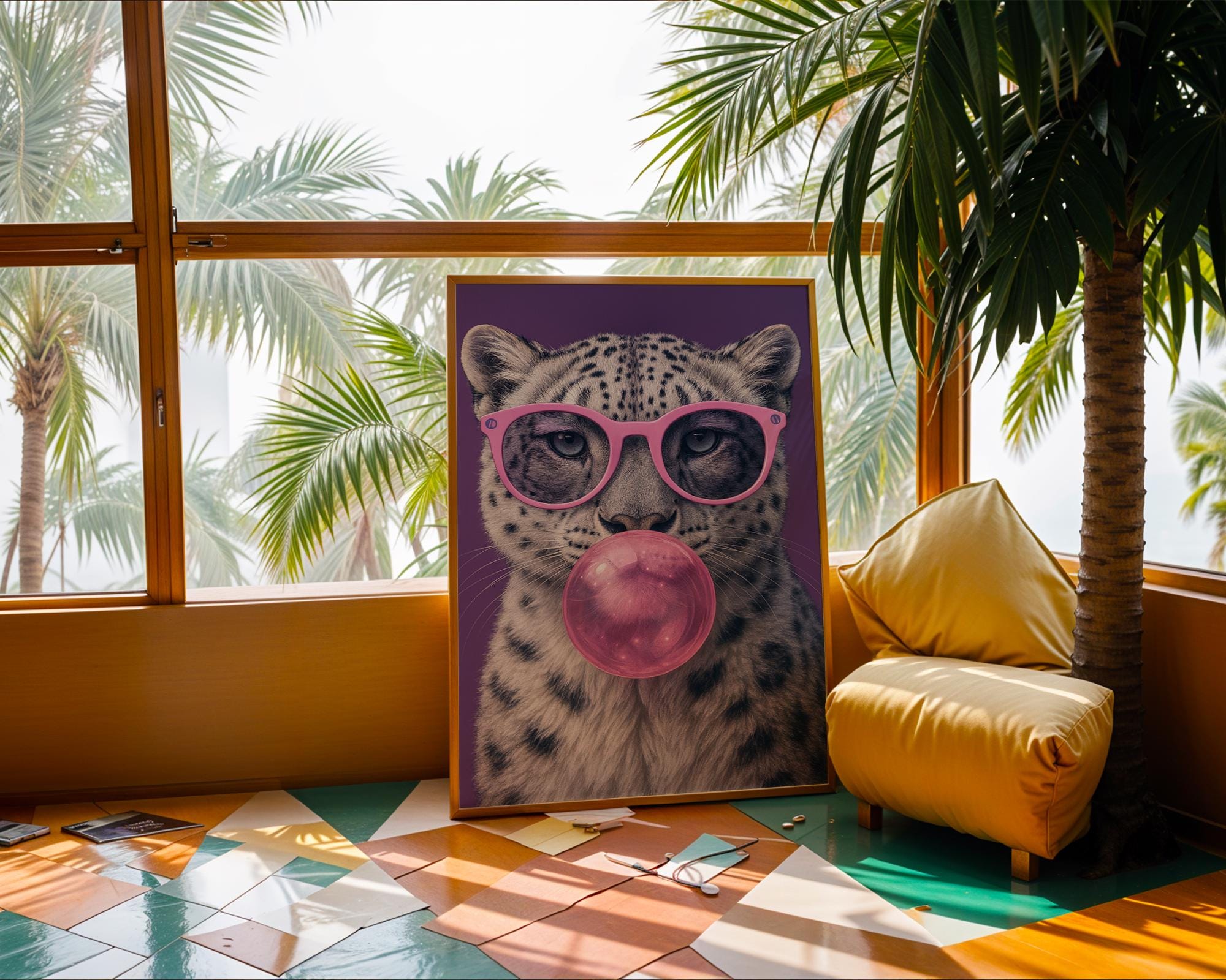 Colourful Prints | Snow Leopard Bubblegum Print | Funky Animal Art wall art print, modern home decor, unframed artwork by Nomad & Nest