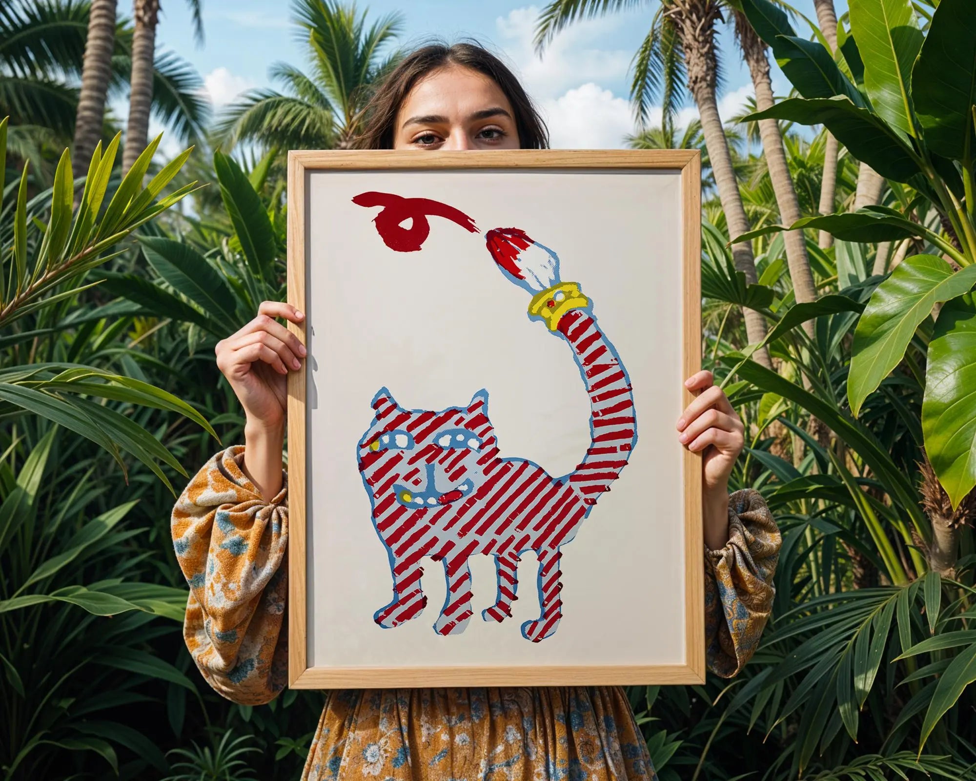 Striped Cat Wall Art | Whimsical Nursery Decor wall art print, modern home decor, unframed artwork by Nomad & Nest