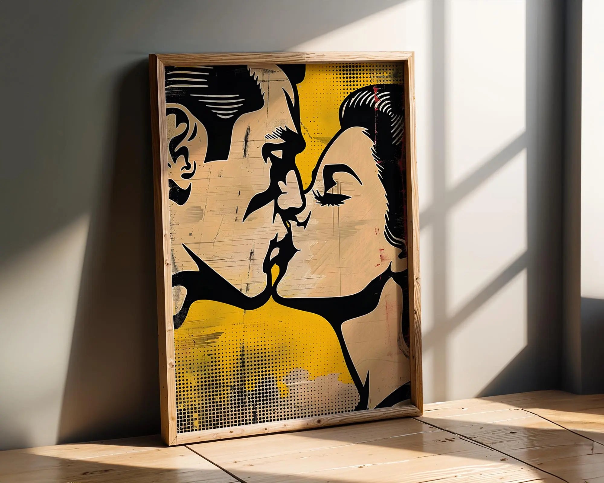 Modern Pop Art | Retro  Kiss Print | Yellow and Black Comic Book Style wall art print, modern home decor, unframed artwork by Nomad & Nest
