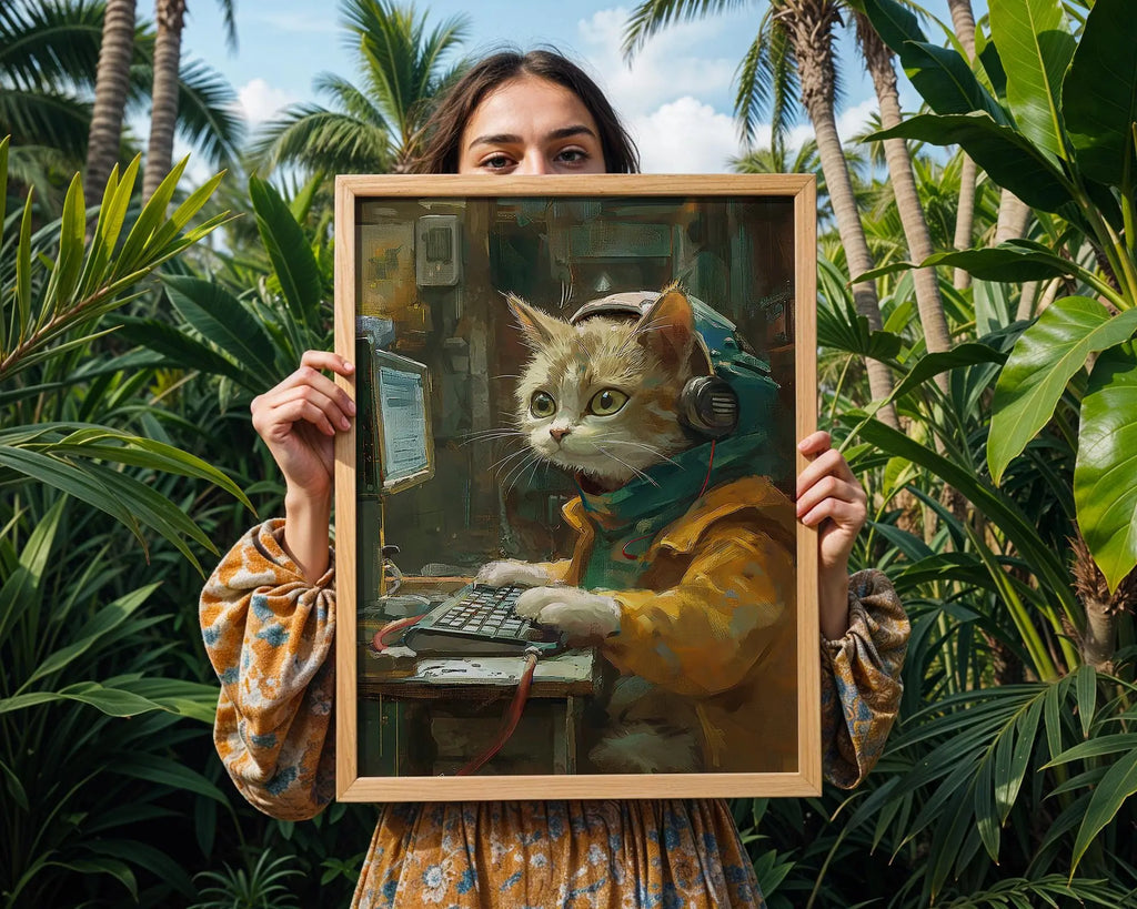 Gamer Cat Print | Lo-Fi Kitten Programmer Wall Art | Digital Art Cyberpunk Cat Poster | Cute Geeky Animal Office Decor | Boys Room Poster wall art print, modern home decor, unframed artwork by Nomad & Nest