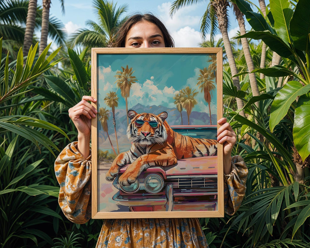 Colourful Prints | Sunglass Tiger Cadillac Print | Retro Tropical Wall Art wall art print, modern home decor, unframed artwork by Nomad & Nest