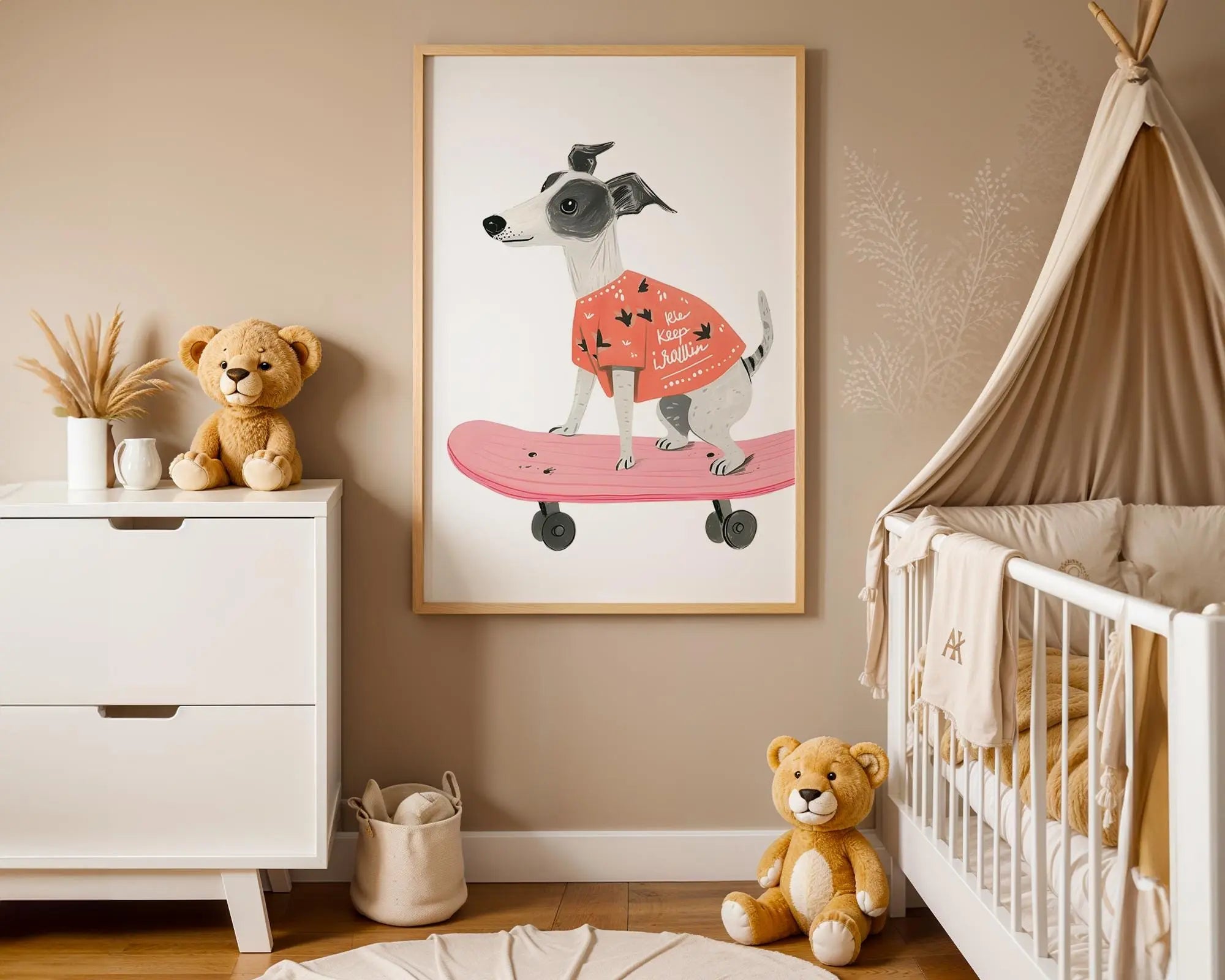 Playroom Ideas | Skate Dog Nursery Wall Art | Modern Animal Boho Print wall art print, modern home decor, unframed artwork by Nomad & Nest