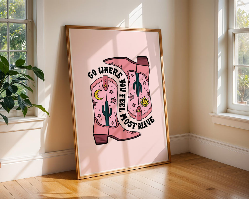 Pink Cowboy Boots Art Print | Retro Western Decor wall art print, modern home decor, unframed artwork by Nomad & Nest