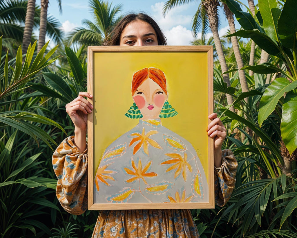 Modern Woman Portrait Art Print | Green Earrings, Yellow Decor wall art print, modern home decor, unframed artwork by Nomad & Nest