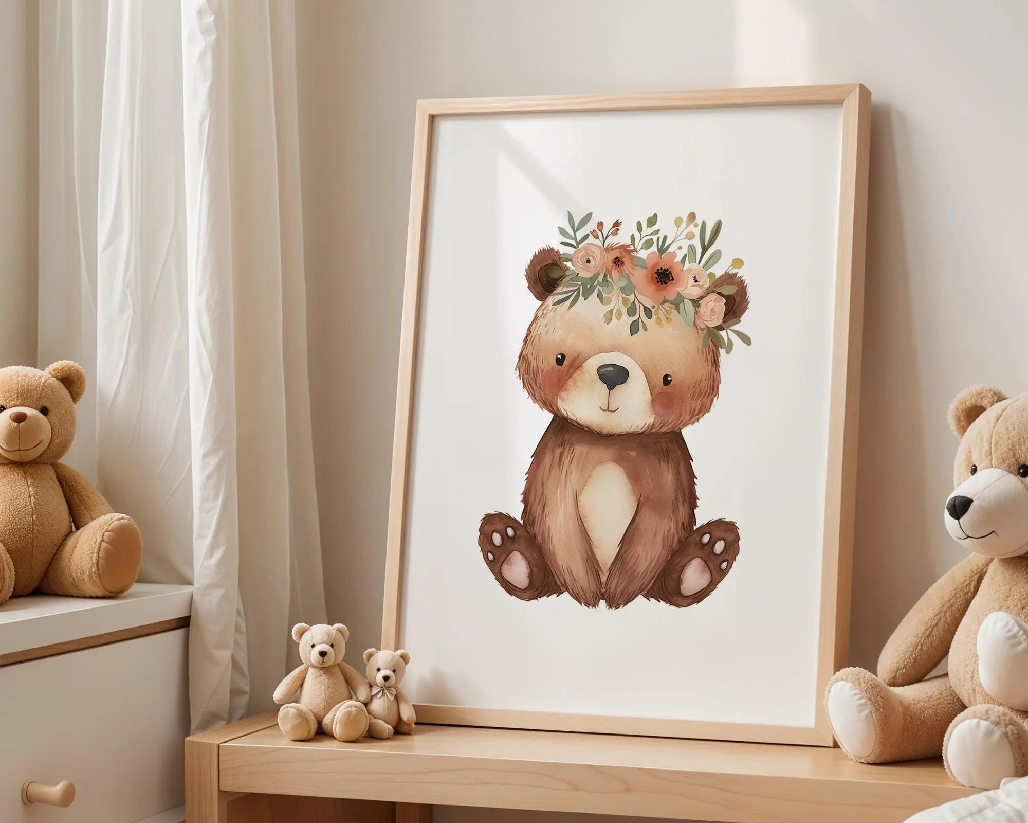 Playroom Ideas | Boho Bear Nursery Wall Art | Flower Crown Animal Baby Decor wall art print, modern home decor, unframed artwork by Nomad & Nest