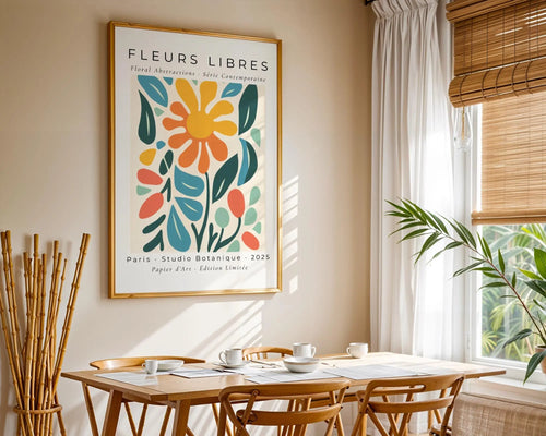 Abstract Floral Art Print | Yellow, Coral & Blue Botanical Poster wall art print, modern home decor, unframed artwork by Nomad & Nest
