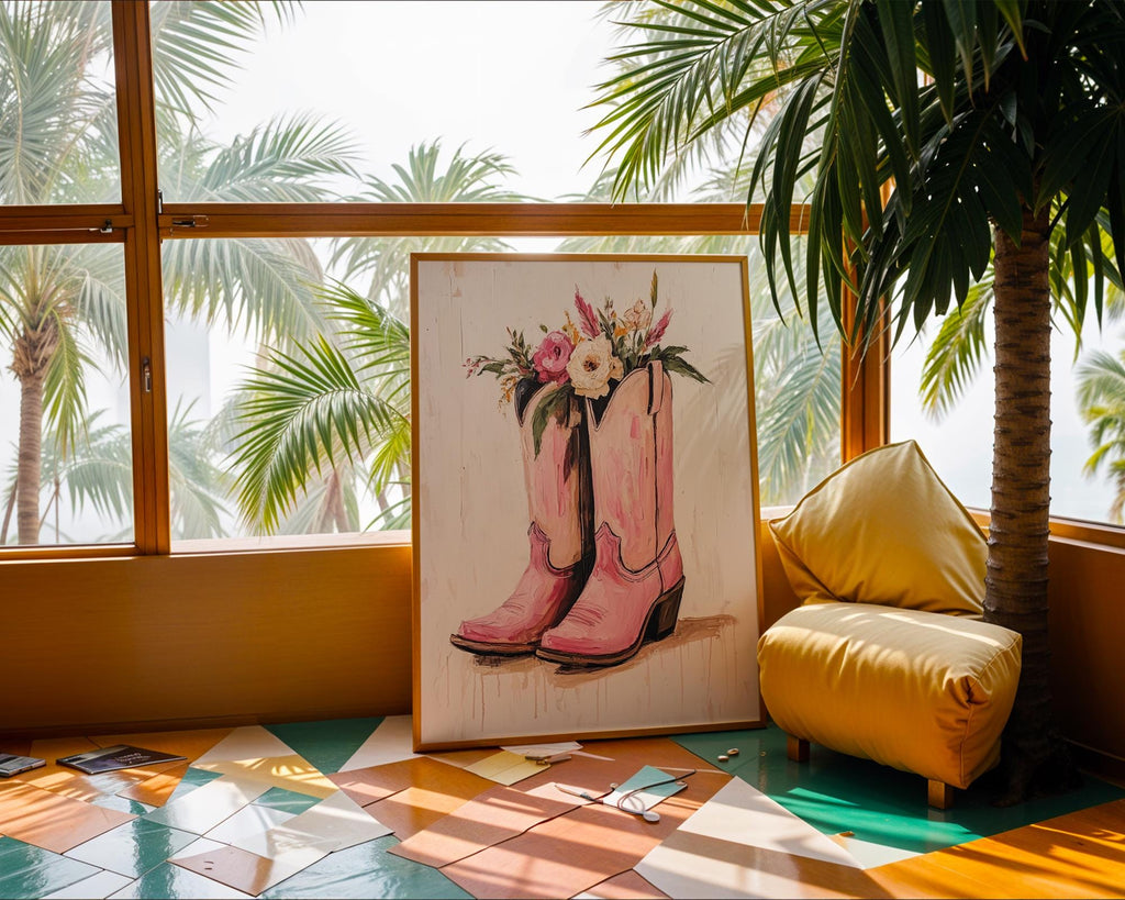 Pink Cowboy Boots with Flowers Print | Floral Western Wall Art wall art print, modern home decor, unframed artwork by Nomad & Nest