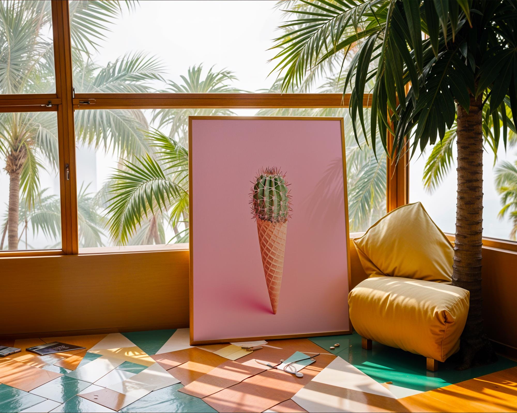 Colourful Prints | Cactus Ice Cream Cone Print | Pink Summer Botanical Art wall art print, modern home decor, unframed artwork by Nomad & Nest