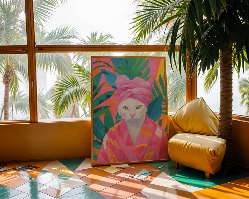 Colourful Prints | Funny Cat Print | Tropical Bathroom Art, Spa Day Poster wall art print, modern home decor, unframed artwork by Nomad & Nest