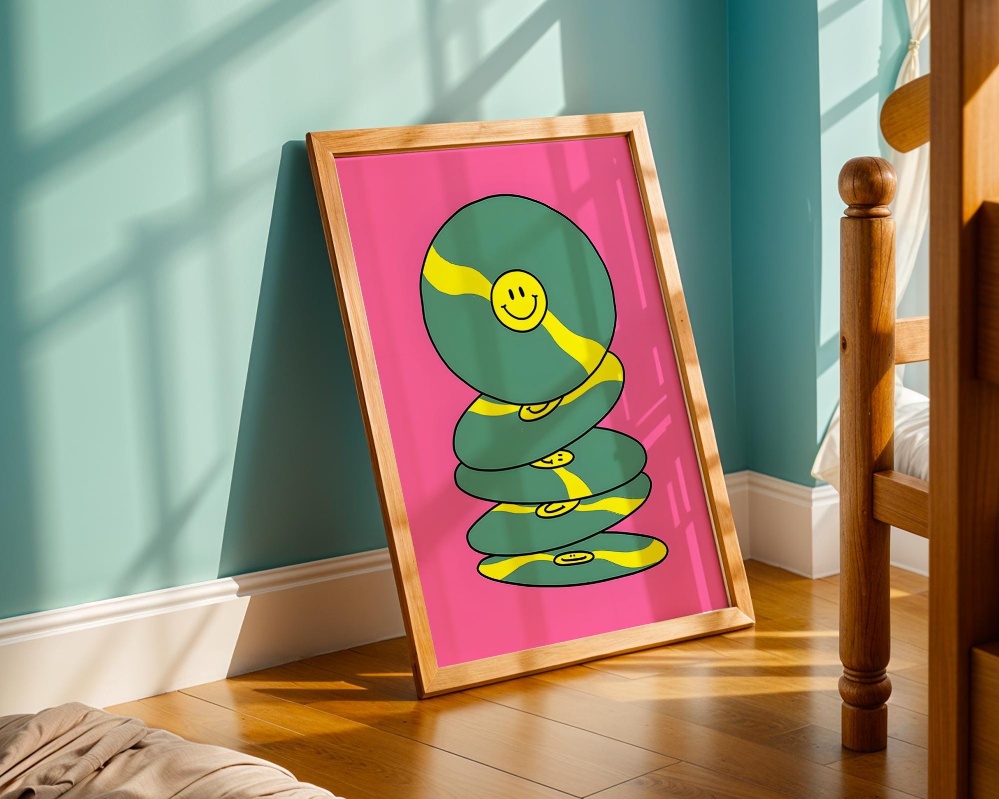 Modern Pop Art | Smiley Face Vinyl Record  Print | Retro Pink & Yellow Decor wall art print, modern home decor, unframed artwork by Nomad & Nest