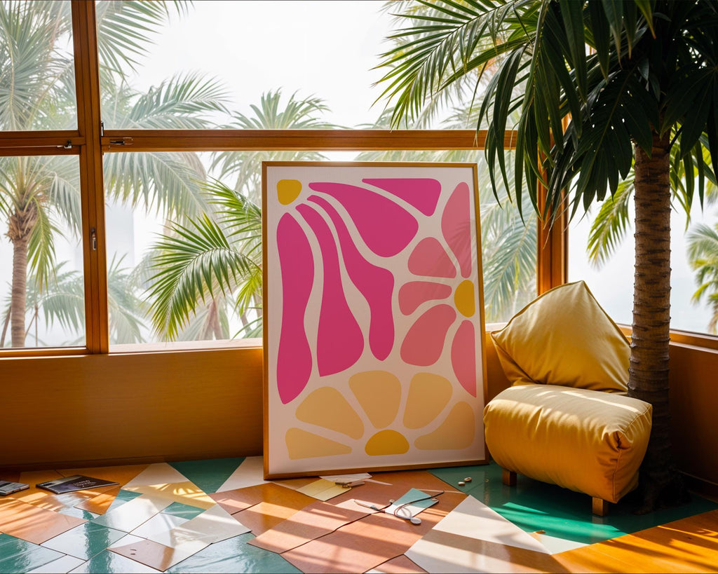 Pink and Yellow Floral Art Print | Groovy Mid Century Modern Decor wall art print, modern home decor, unframed artwork by Nomad & Nest