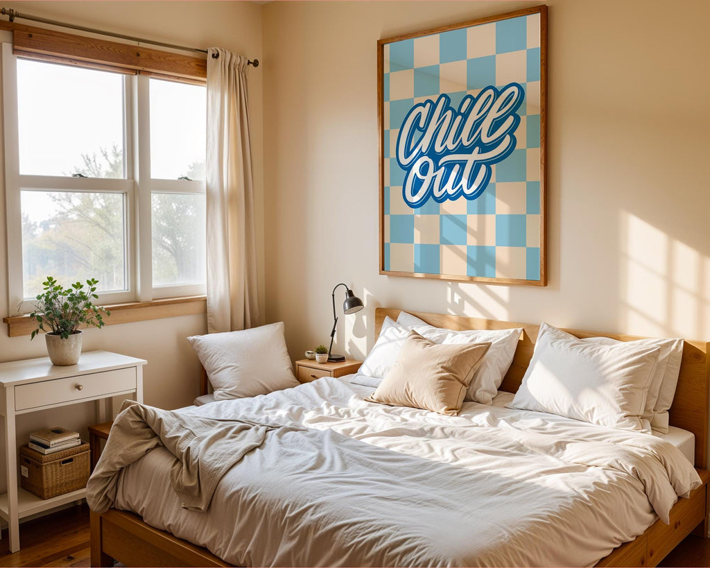 Chill Out Checkered Print | Groovy Blue Beige Retro Wall Art wall art print, modern home decor, unframed artwork by Nomad & Nest